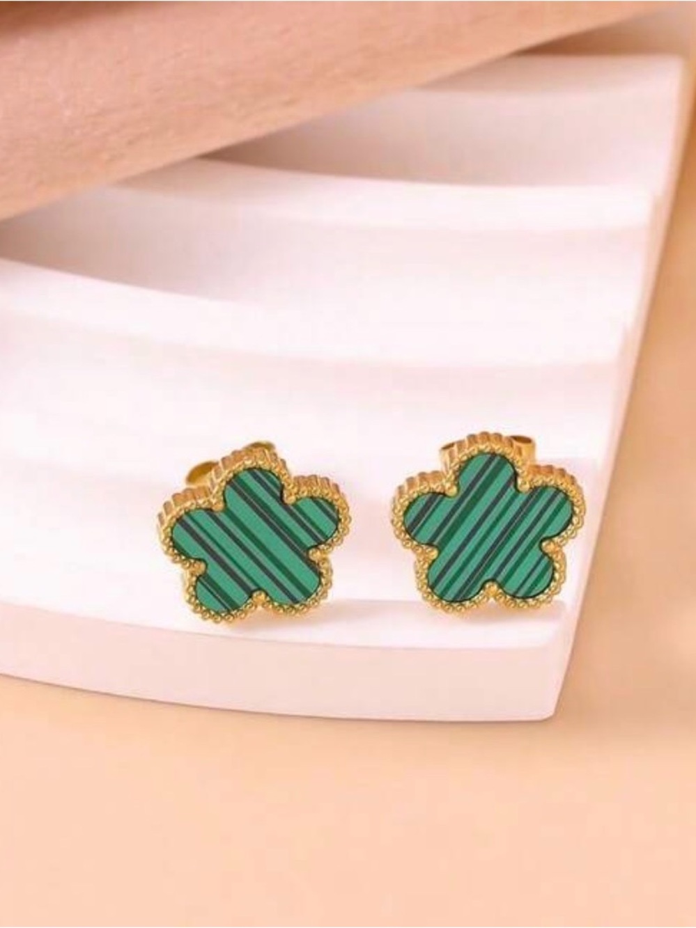 Gold-Trim Green Striped Clover Stud Earrings